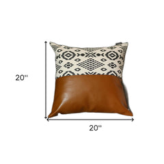 20" X 20" Brown and White Faux Leather Geometric Zippered Pillow Cover