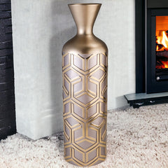 22" Gold and Brown Geometric Polyresin Floor Vase