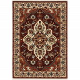 5' X 8' Red Ivory Orange And Blue Oriental Power Loom Stain Resistant Area Rug With Fringe