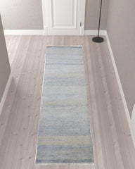 10' Blue and Silver Wool Striped Hand KNotted Runner Rug