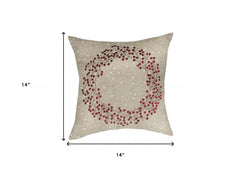 14" X 14" Beige and Red Christmas Wreath Linen Blend Zippered Pillow With Embroidery