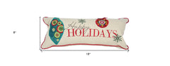 8" X 18" Beige and Red Christmas Ornaments Linen Blend Zippered Pillow With Embroidery