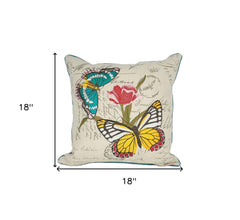 18"x18" Beige and Aqua Butterfly Linen Blend Floral Zippered Pillow