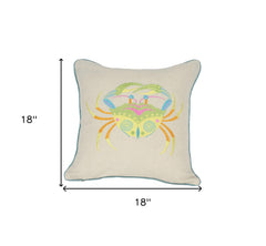 18" x 18" Beige and Aqua Crab Linen Blend Zippered Pillow With Embroidery