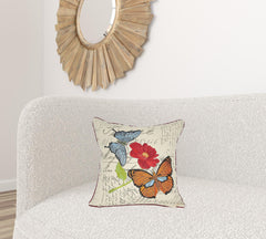 18"x18" Beige and Red Butterfly Linen Blend Floral Zippered Pillow
