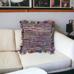 26" X 26" Blue and Red Weave Zippered Pillow With Fringe