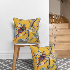 20" X 20" Blue and Yellow Bird Floral Cotton Zippered Pillow With Embroidery