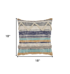 18" X 18" Beige Blue and Gray Geometric Cotton Zippered Pillow