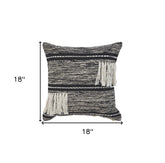 18" X 18" Black and Off White Striped Cotton Zippered Pillow With Fringe