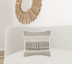 20" X 20" Beige and Ivory Chevron Cotton Zippered Pillow With Fringe