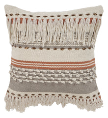 18" X 18" Beige and Red Striped Cotton Zippered Pillow With Fringe