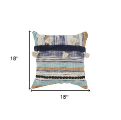 18" X 18" Blue and Beige Patchwork Cotton Zippered Pillow With Tassels