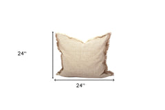 Set Of Two 24" x 24" Taupe 100% Cotton Herringbone Pillows With Fringe