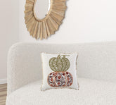 18" Ivory Green and Red Thanksgiving Cotton Pillow With Applique, Embroidery Edges