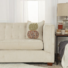 18" Ivory Green and Red Thanksgiving Cotton Pillow With Applique, Embroidery Edges