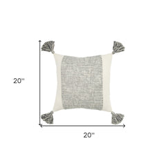 20" Gray and Ivory Cotton Pillow With Tassels Edges