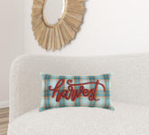 14" X 14" Blue and Orange Thanksgiving Wool Blend Pillow With Embroidery Edges