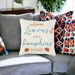 20" Ivory Blue and Orange Thanksgiving Cotton Pillow With Applique, Embroidery Edges