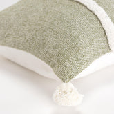 14" X 14" Green and White Cotton Pillow With Tassels Edges