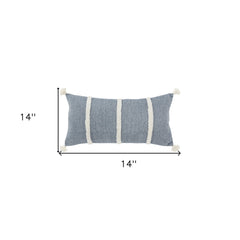 14" X 14" Blue and White Cotton Pillow With Tassels Edges