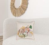 20" Beige and Green Thanksgiving Cotton Pillow With Applique, Embroidery Edges
