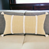 14" X 14" Yellow and White Cotton Pillow With Tassels Edges