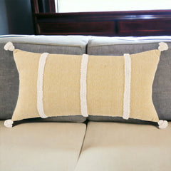 14" X 14" Yellow and White Cotton Pillow With Tassels Edges