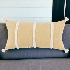 14" X 14" Yellow and White Cotton Pillow With Tassels Edges