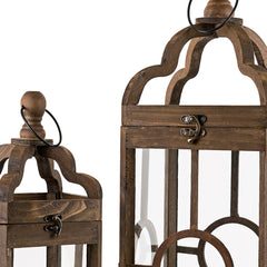 Set of Two Brown Solid Wood Ornate Tabletop Lantern Candle Holders