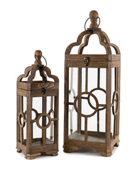 Set of Two Brown Solid Wood Ornate Tabletop Lantern Candle Holders