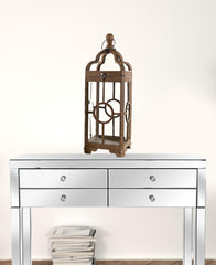 Set of Two Brown Solid Wood Ornate Tabletop Lantern Candle Holders