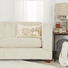 14" X 14" Gold and Ivory Thanksgiving Cotton Pillow With Embroidery, Beads, Pom Poms Edges