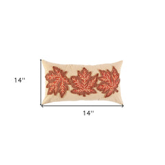 14" X 14" Beige and Brown Thanksgiving Cotton Pillow With Applique, Embroidery Edges