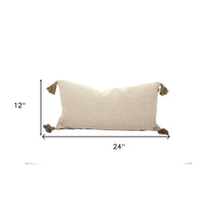 Set Of Two 12" x 24" Taupe 100% Cotton Herringbone Pillows With Tassels