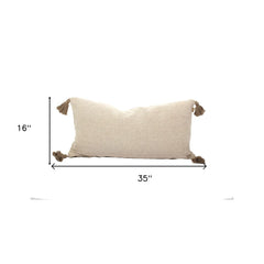 Set Of Two 16" x 35" Taupe 100% Cotton Herringbone Pillows With Tassels