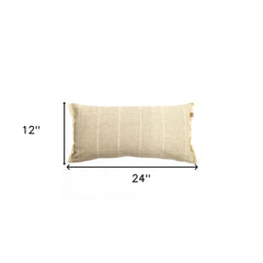 Set Of Two 12" x 24" Tan 100% Cotton Striped Zippered Pillow With Fringe