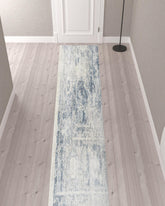 12' Blue Oriental Power Loom Distressed Washable Runner Rug