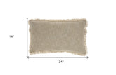 24" X 14" Taupe Linen Cotton Zippered Pillow With Fringe