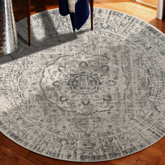8' Gray Round Medallion Power Loom Area Rug