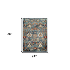 2' x 3' Teal Blue Oriental Power Loom Area Rug With Fringe