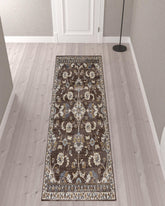 10' Brown Floral Power Loom Runner Rug With Fringe