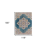 10' x 14' Teal Blue Medallion Power Loom Area Rug With Fringe