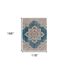 10' x 14' Teal Blue Medallion Power Loom Area Rug With Fringe