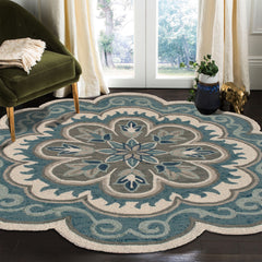 6' X 6' Blue Round Wool Floral Hand Tufted Area Rug
