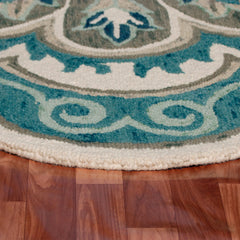 6' X 6' Blue Round Wool Floral Hand Tufted Area Rug