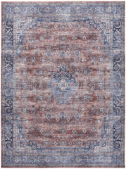 9' x 12' Blue and Red Oriental Power Loom Distressed Washable Non Skid Area Rug