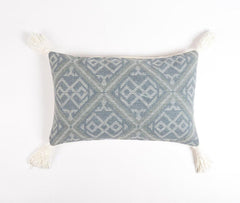 15" x 26" Blue and White Geometric Cotton Pillow Cover With Tassels