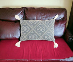 15" x 26" Blue and White Geometric Cotton Pillow Cover With Tassels