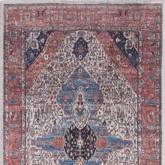 6' Red and Ivory Oriental Power Loom Distressed Washable Non Skid Runner Rug