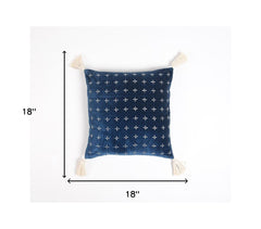 18" X 18" Blue and White Geometric Cotton Pillow Cover With Embroidery and Tassels